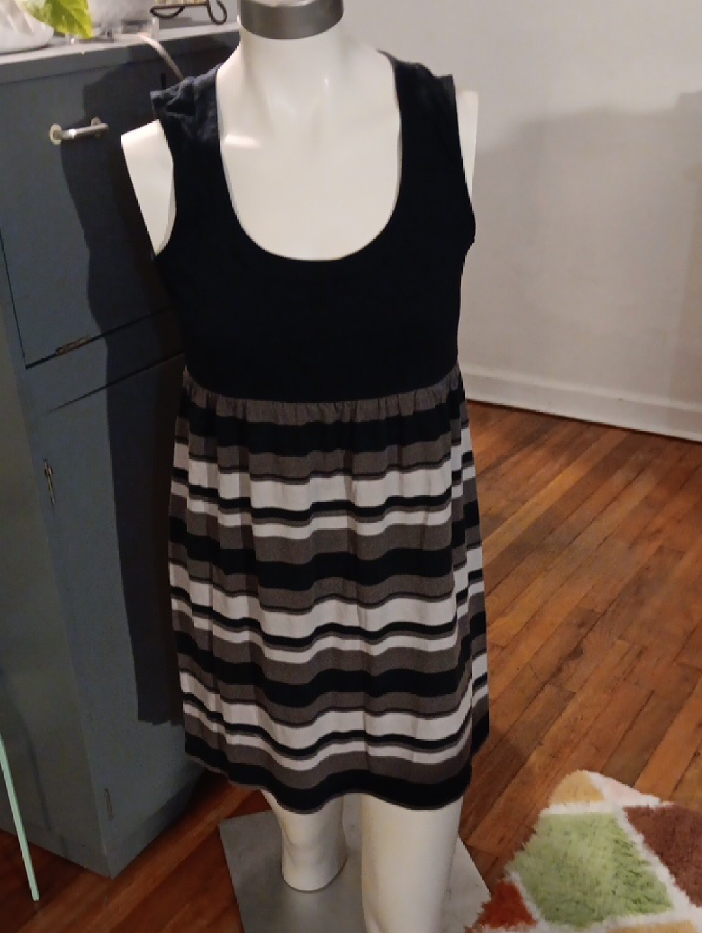 LOFT Black and Gray Striped Cotton Mini Dress